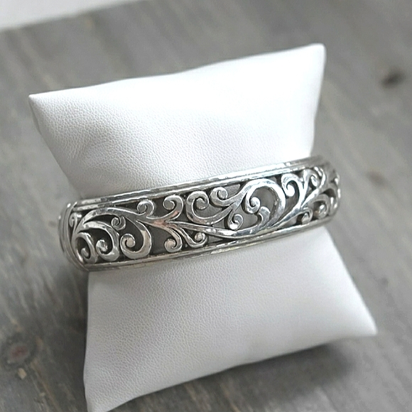 Brighton | Jewelry | Brighton Hammered Floral Scroll Silver Hinged ...